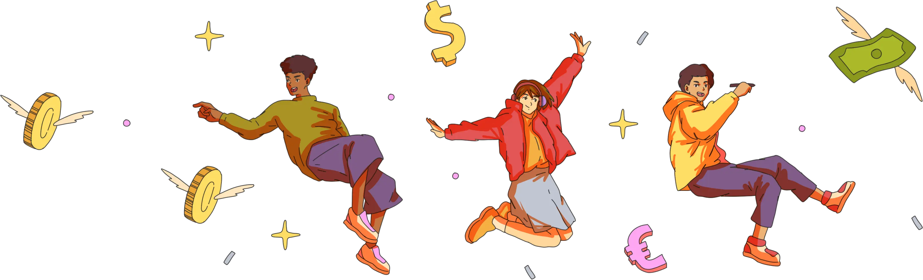 Three animated people floating in space with flying coins, cash, and currency symbols like dollar and euro around them
